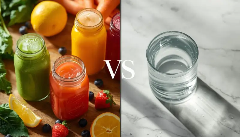 Juice fast vs water fast comparison showing colorful fruit and vegetable juices on left side and glass of pure water on right side.